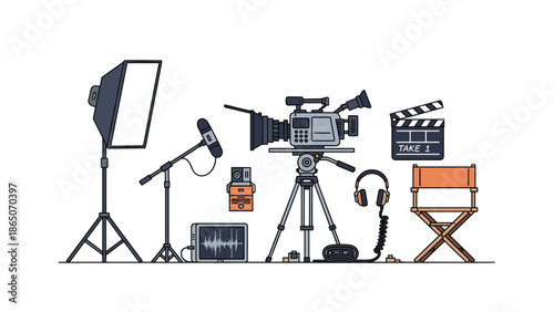 Detailed arrangement of film production essentials, featuring a professional video camera on a tripod, softbox lighting, microphone, clapperboard, director's chair, and audio equipment for a shoot.