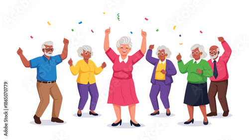 Joyful group of diverse elderly men and women energetically dancing and celebrating under a shower of colorful confetti, expressing happiness, vitality, and active aging.