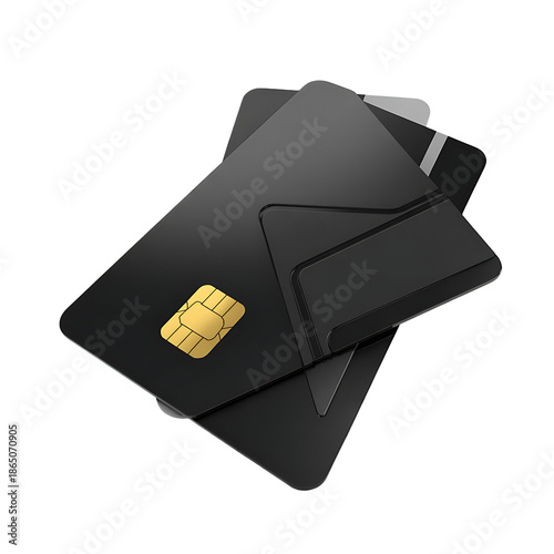 3D Realistic Black Glossy Credit Card with Gold Chip Isolated on White
