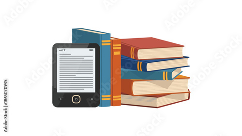 Contemporary e-reader device showcasing digital text, standing next to a colorful stack of various traditional books, representing the blend of modern and classic reading methods.