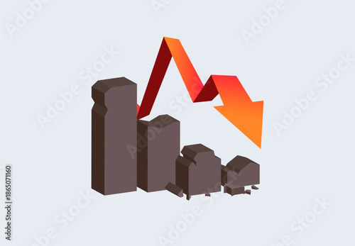 economic crisis featuring a red falling arrow and collapsing pillars. High-quality visual for financial loss, stock market crash, and global recession topics. economic recession and market crash