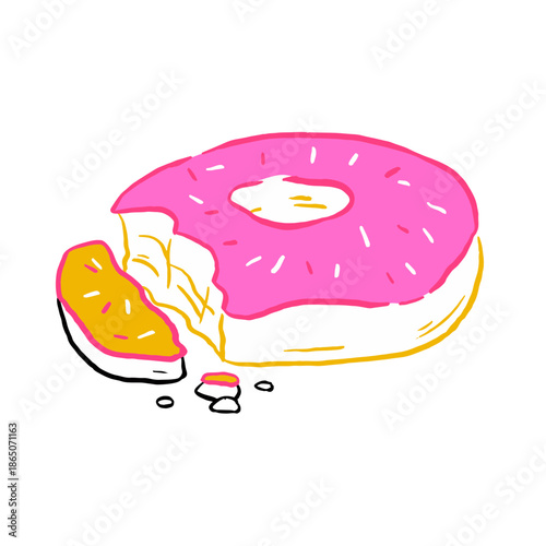 Playful hand-drawn illustration of a vibrant pink donut, deliciously bitten with colorful sprinkles, capturing a sweet moment of sugary indulgence and a tempting dessert