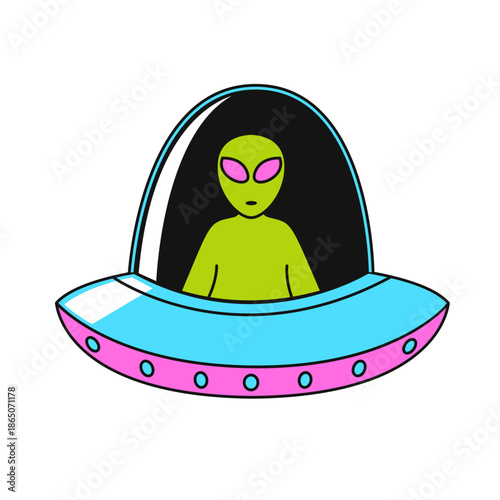 Retro alien spaceship with a green extraterrestrial inside, symbolizing science fiction and space exploration