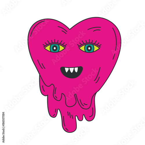 A Melting Pink Heart with Wide Eyes and Sharp Teeth, a Quirky and Playful Illustration