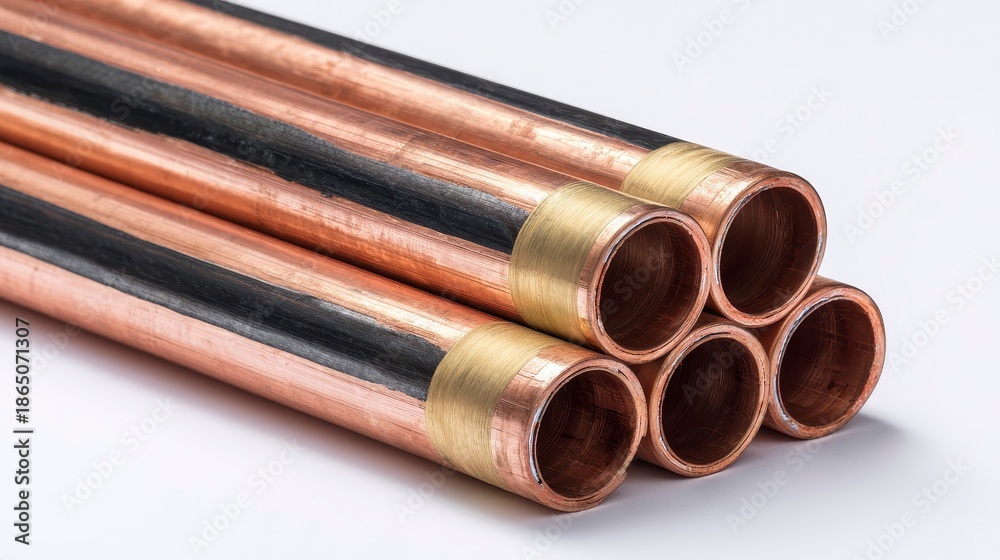 Fototapeta premium Close-up studio shot of several copper pipes, neatly arranged and showcasing their polished, metallic texture against a clean white backdrop