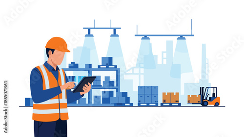 Warehouse worker wearing an orange safety vest and hard hat, using a digital tablet to manage inventory, with a busy industrial backdrop of shelves, boxes, and forklifts under bright lights.