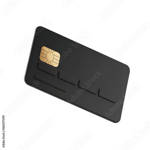 3D Realistic Black Glossy Credit Card with Gold Chip Isolated on White