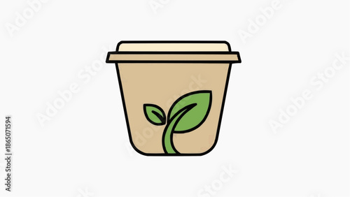 Eco-friendly biodegradable cup with green leaf design, sustainable product concept, isolated on white background, minimalistic graphic illustration