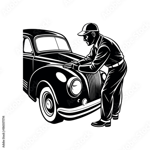 Vintagecarmechanicworkingonenginewithhoodopen