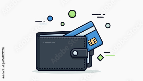 Digital Wallet with Credit Card Illustration, Finance Concept, Minimalist Design, Flat Graphic, Modern Technology, User Interface View