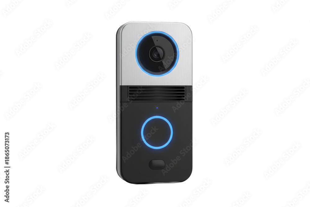 Fototapeta premium Modern Smart Doorbell Device with Integrated Camera and Illuminated Ring Design
