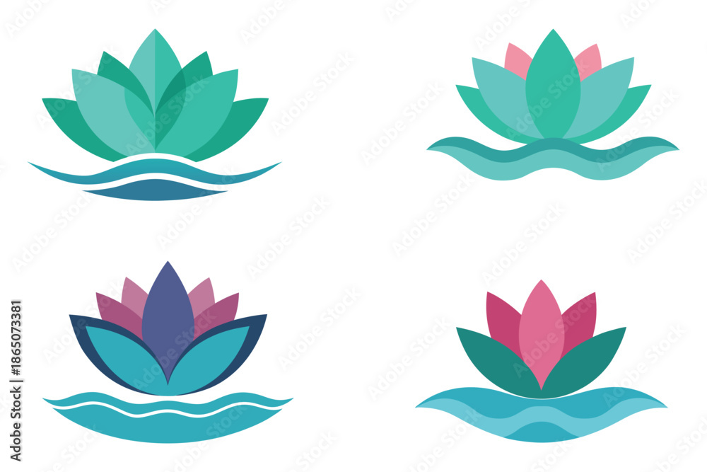 Fototapeta premium Colorful Lotus Flower Illustrations Floating on Water Icons Set