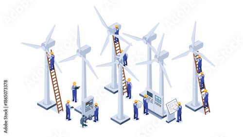 Isometric illustration of workers diligently performing maintenance and repairs on several tall wind turbines, using ladders and equipment, highlighting the ongoing effort in renewable energy.