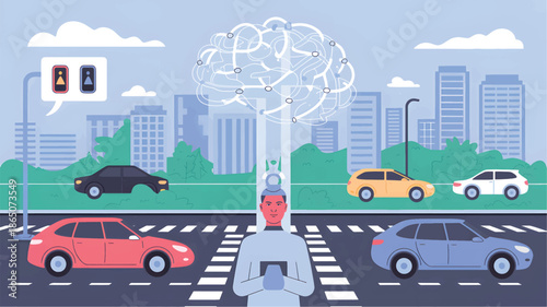 A man with a phone and a brain network above, observing cars on a city street, holding