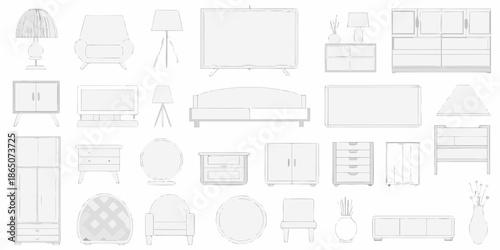 Collection of furniture outlines sofas cabinets lamps and decorative elements