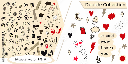 Hand drawn doodle collection featuring emoticons stars hearts and various sketched elements