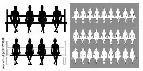Silhouettes of people sitting on benches a repeating pattern in monochrome