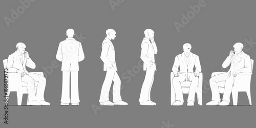 A series of outlined figures of people in suits some seated and some standing