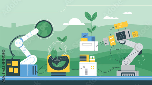 Robotic arms tending to plants and earth on green landscape robot arm automation technology seedling