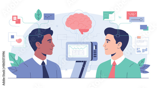 Two men in suits looking at a brain and medical monitor with data