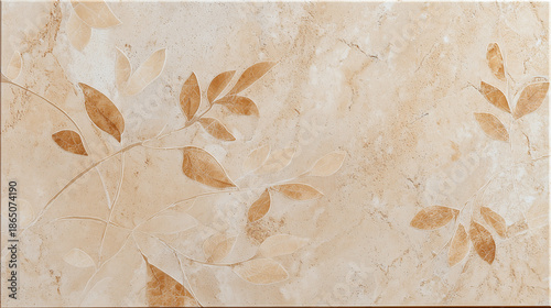 Soft beige tile with warm brown botanical leaf outlines, natural stone texture background, elegant organic pattern creating calm and earthy atmosphere for interior design