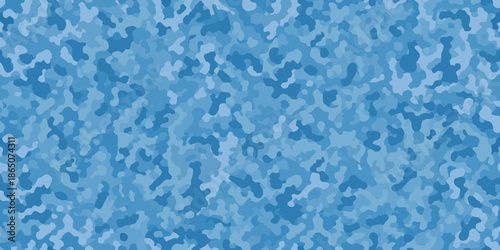 Abstract blue camouflage pattern with irregular blotches and varying shades