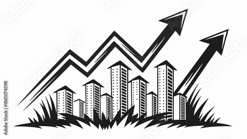Modern cityscape with rising graph and arrows indicating growth
