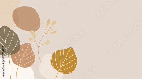 Abstract leaf art with freeform leaf contours drifting on foggy warm beige background, featuring soft earthy tones and delicate botanical shapes creating calm and natural atmosphere