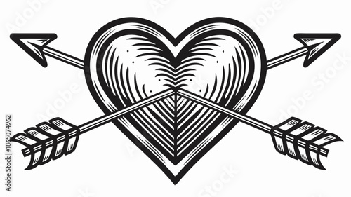 Heart pierced by two crossed arrows in black and white