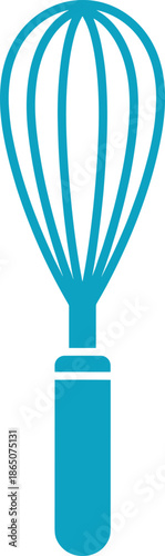 Blue kitchen whisk icon with looped wires and handle for mixing ingredients in cooking and baking