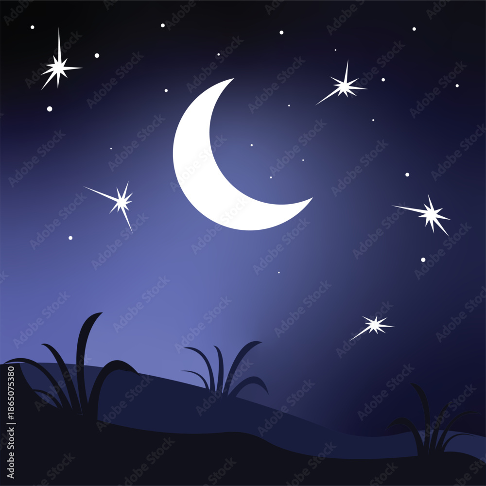 Naklejka premium Crescent moon and starry night sky illustration.