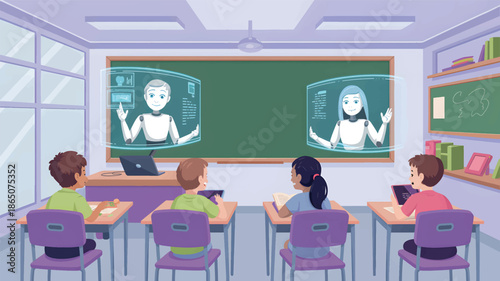 Children learning from holographic robots in a classroom education