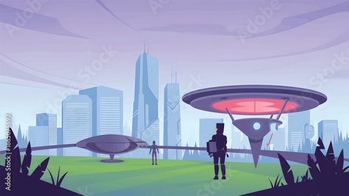 Futuristic cityscape with flying saucers and robots on green grass, science fiction