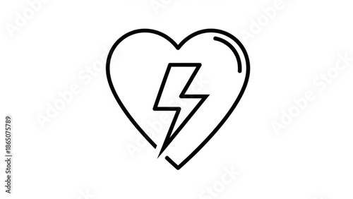 A broken heart with a lightning bolt inside, simple line illustration