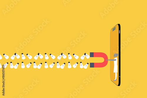 Business woman emerging from a large smartphone screen, holding a magnet to attract a stream of lightbulbs. concept of innovation, new ideas, opportunity and success