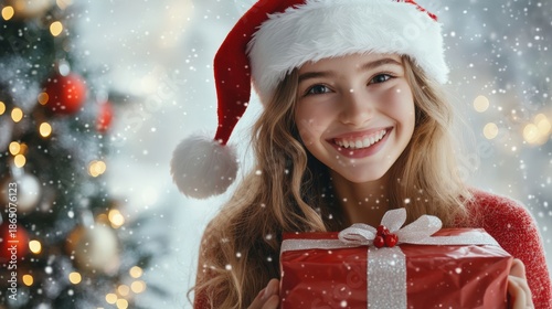 A cheerful girl in Santa clothing presenting a wrapped gift in front of a crisp white backdrop Soft highlights illuminate her expression and outfit. Ideal for banner-style holiday imagery.