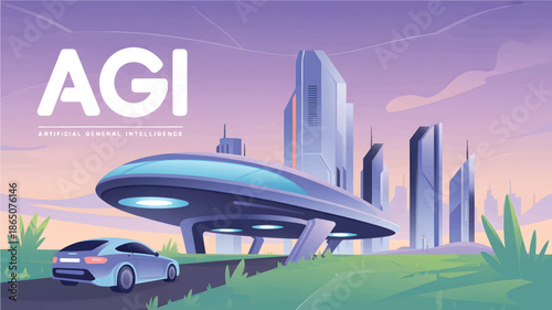 Futuristic city with AGI text and a sleek car AGI artificial general intelligence transportation