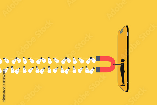 Businessman emerging from a large smartphone screen, holding a magnet to attract a stream of lightbulbs. concept of innovation, new ideas, opportunity and success