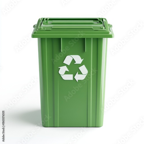 A green recycling container placed upright on a seamless white studio background, 
