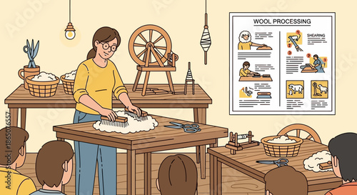 Wool Processing Demonstration Woman Carding Wool for Spinning.