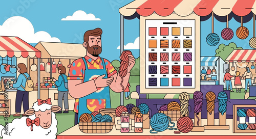 Yarn vendor at outdoor market with sheep and color chart.