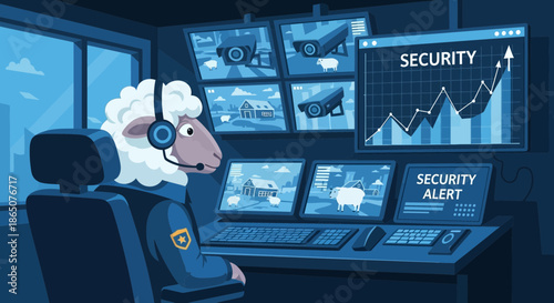 Cartoon Sheep Security Guard Monitoring Surveillance Screens.