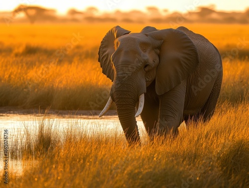 African elephant walking by a small savannah waterhole at dusk. Orange sunlight reflecting on water, soft wind shaping the tall grass. Peaceful, documentary-style wildlife composition.