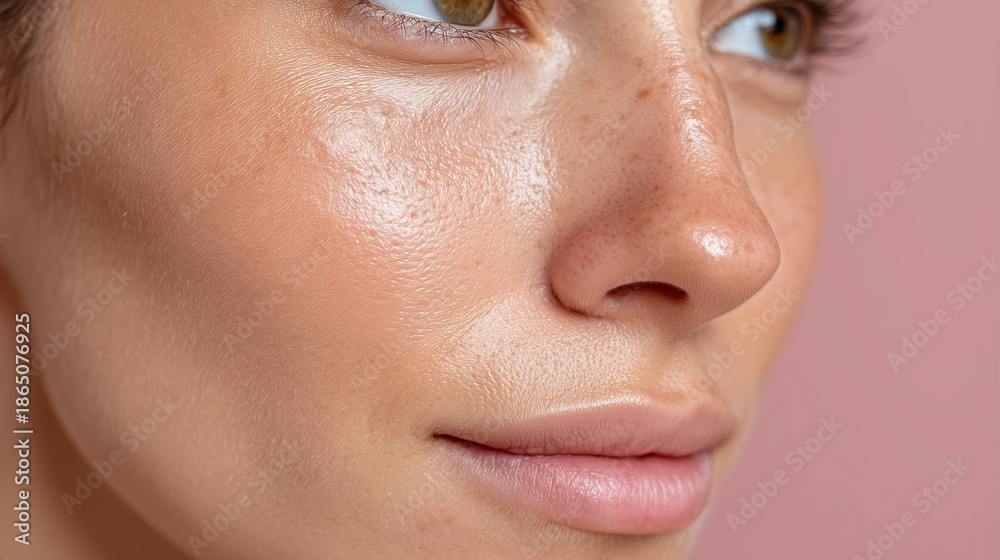 Naklejka premium Extreme close up of woman nose bridge, cheek, and under eye showing smooth skin texture and natural freckles with soft lighting on pink background