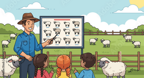 Educational Farm Visit Teacher Explaining Sheep Breeds to Children.