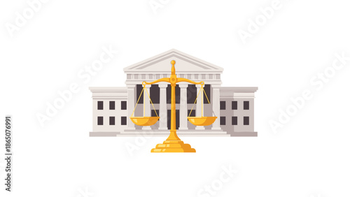Prominent golden scales of justice standing in front of a majestic court building with classical columns, symbolizing law, fairness, equality, and the judicial system.