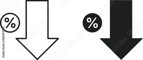 Percentage Discount Down Arrow Icon Set with Outline and Black Silhouette Versions for Financial Interest Rate Drop and Business Sale