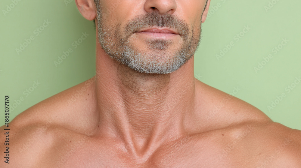 Obraz premium Fresh cooled male skin with slightly tightened texture and natural beard stubble on neck and shoulder area, showing healthy and smooth skin tone with subtle wrinkles and pores