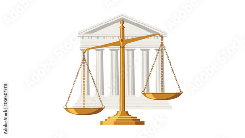 Close-up of ornate golden scales of justice, perfectly balanced, positioned in front of a classical court building with pillars, representing the principles of law and fairness.
