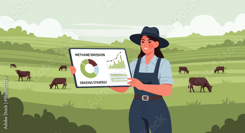 Farmer Presenting Methane Reduction Strategy in Pasture with Grazing Cows.